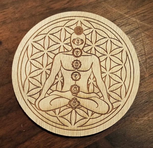 Support fleur de vie avec Bouddha 7 chakras gravée en 9, 19, 29 ou 39 cm – Image 2
